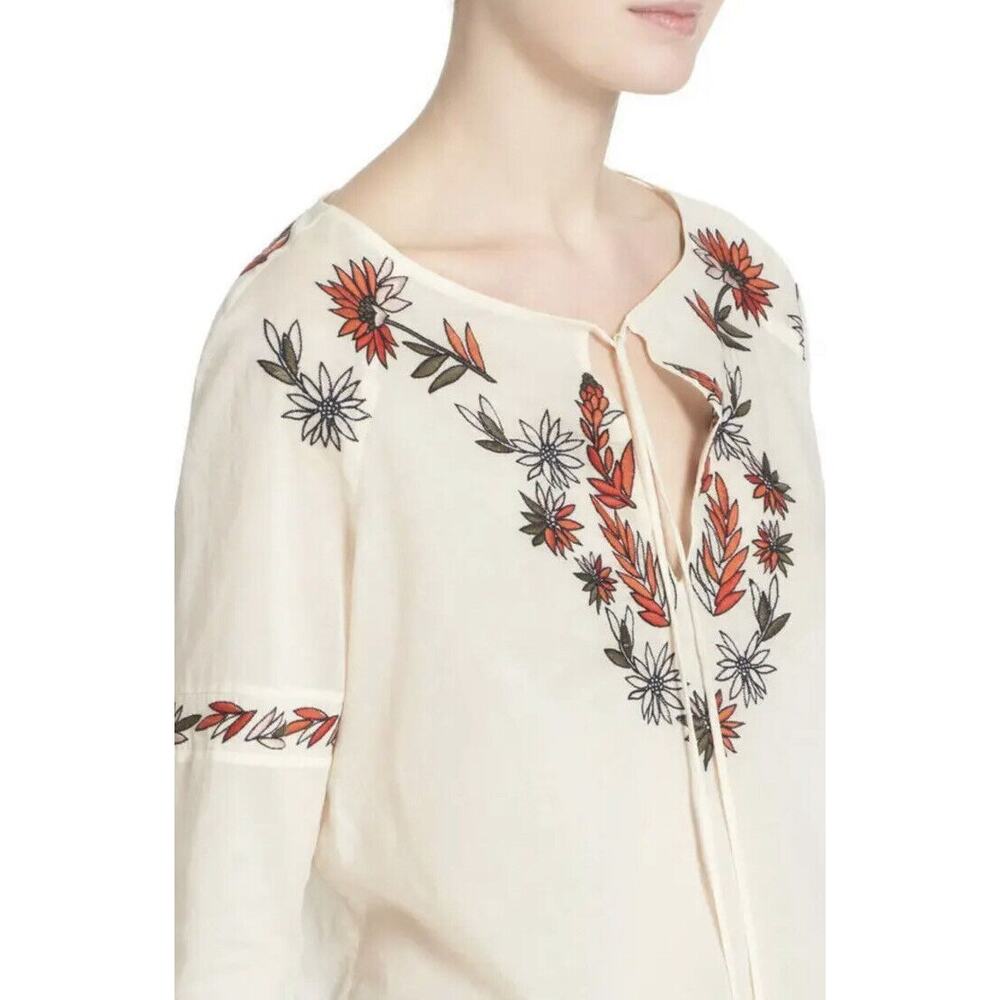 Tory Burch Ivory Floral Embroidered Boho Peasant Blouse, US 10, Medium